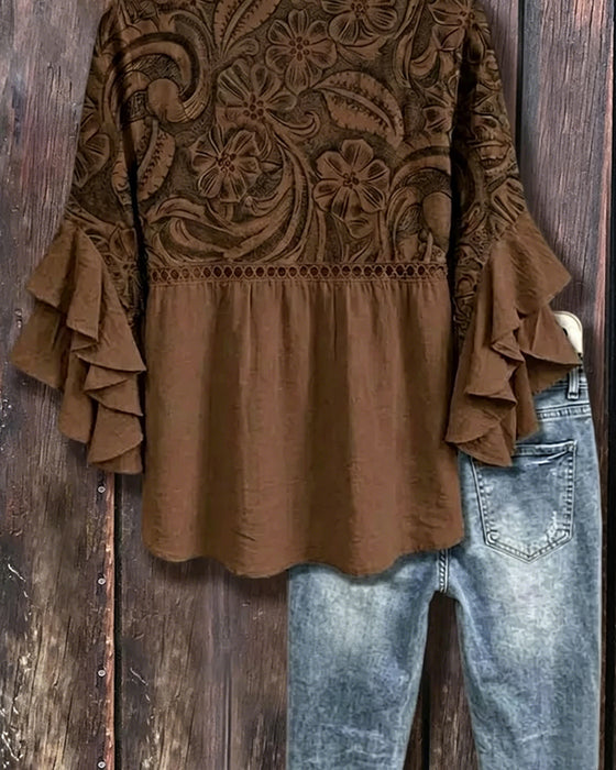 Bluse Vintage Blomstret Trykk Asymmetrisk Rysje Erm