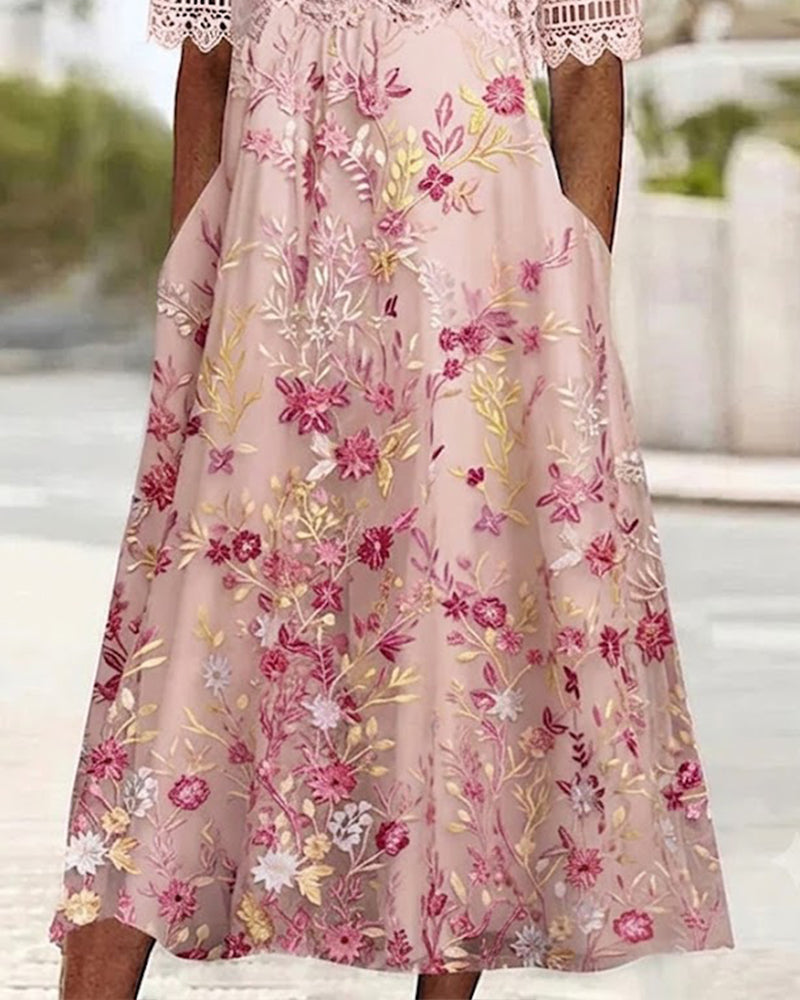 Kjole Blonder Blomstermønster Patchwork A-Linje