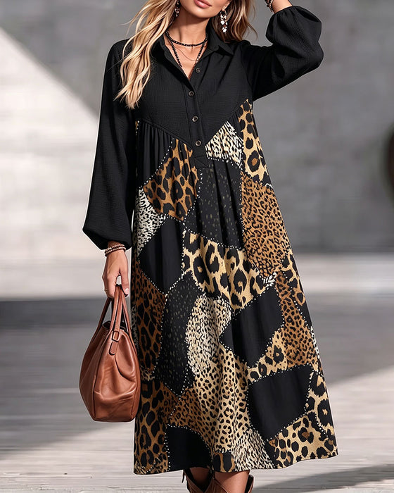 Kjole Leopard Fargeblokk Slag Lang Erme