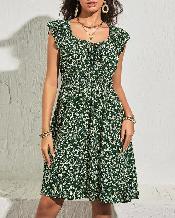 Kjole Rund Hals Elastisk Rynking Blomstret