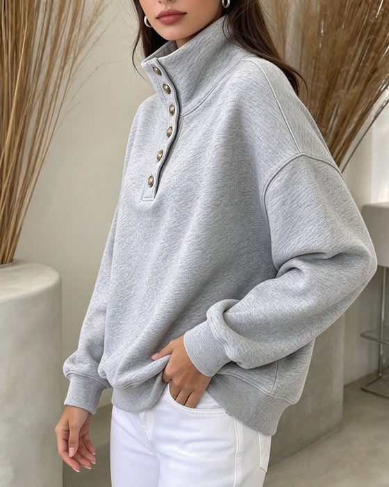 Sweatshirt Høy Krage Knappet Langermet