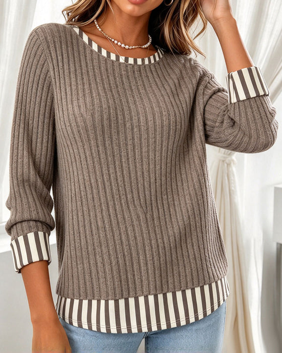Topp Rund Hals Ribbet Stripet Patchwork