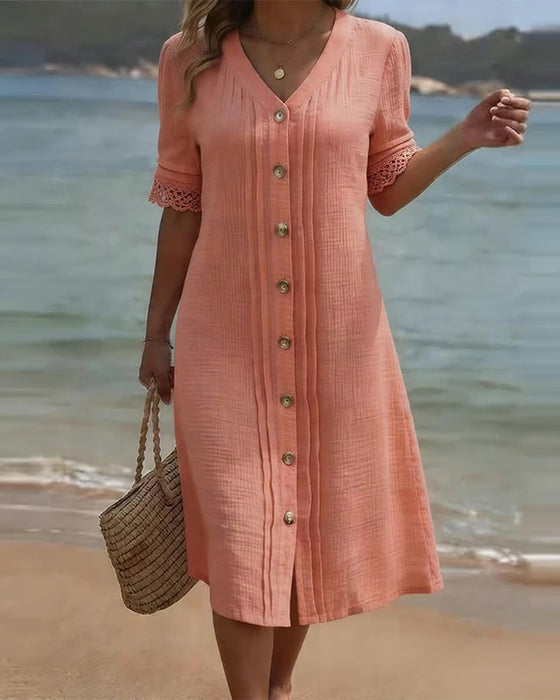 Kjole Plissert V-Hals Knapp Blonder Patchwork