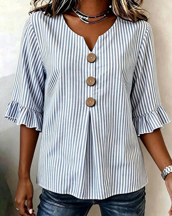 Bluse Mini V-Hals Ruffle Stripe Knapp