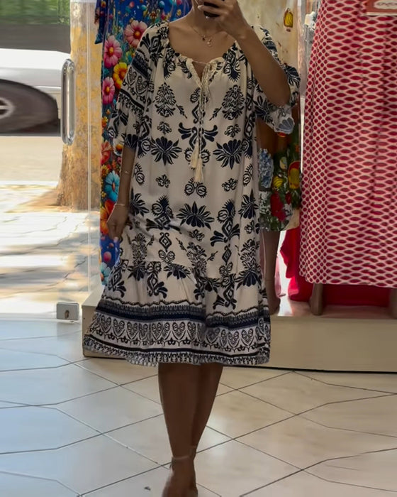 Kjole Rund Hals Trykket Trompet Korte Ermer