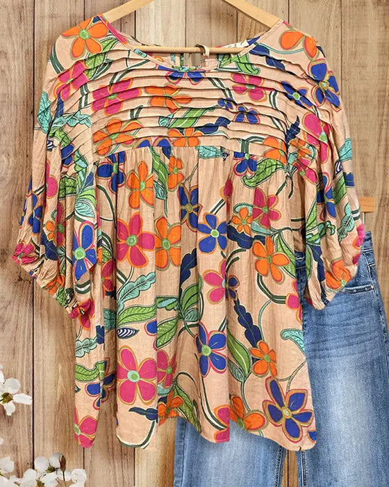 Bluse Plissert Blomst Rund Hals