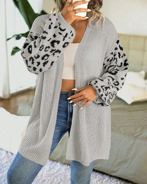 Cardigan Leopardmønster Lang Erme Patchwork