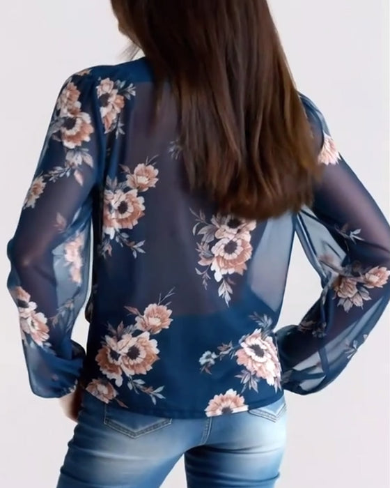 Bluse Moteriktig Trykt V-Hals Langermet