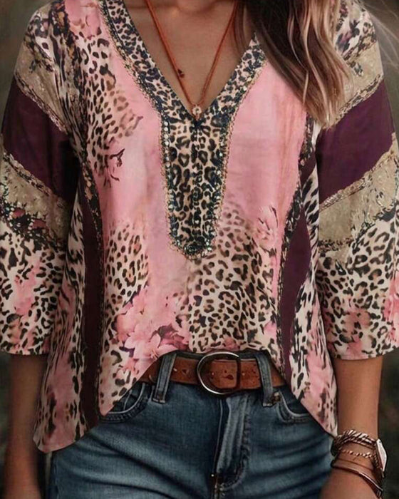 Bluse V-Hals Leopard Fargeblokk