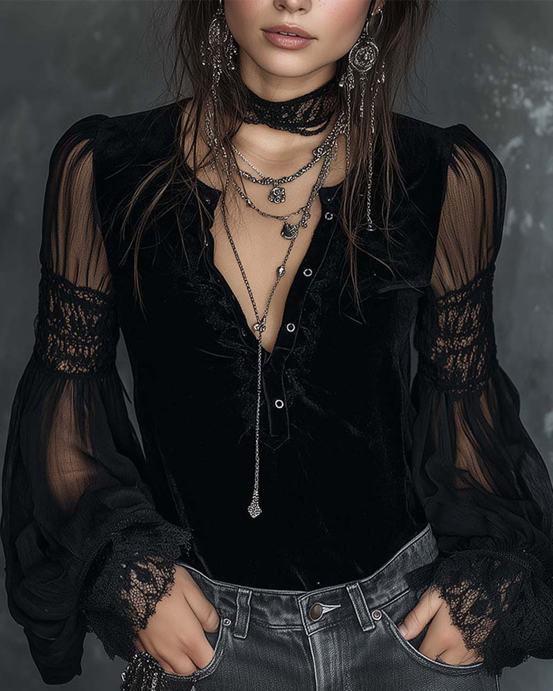 Bluse Kneppet V-Hals Puf ermet