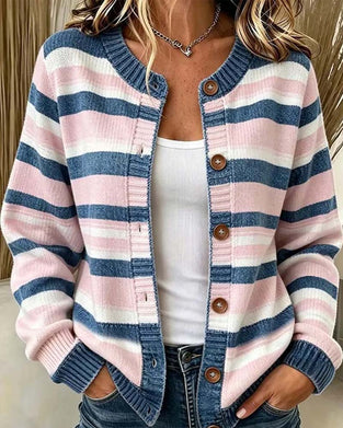 Cardigan Stripet Rund Hals Enkeltspent
