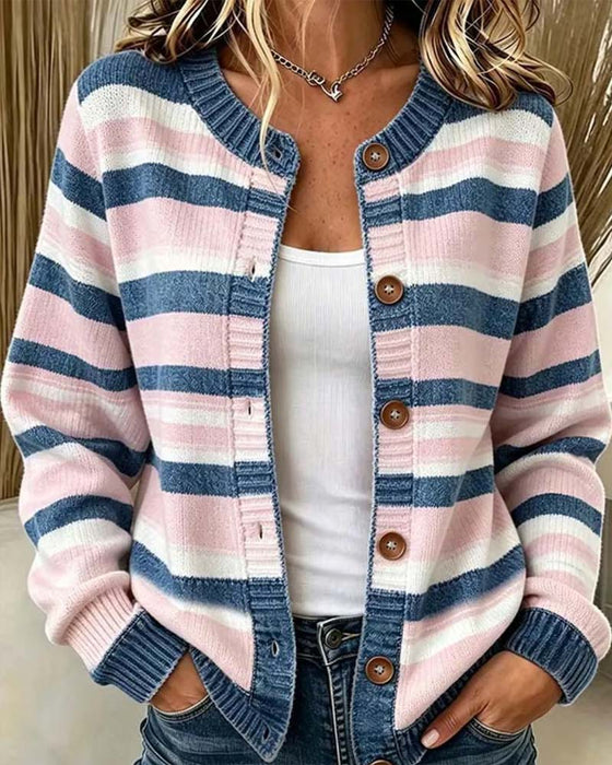 Cardigan Stripet Rund Hals Enkeltspent