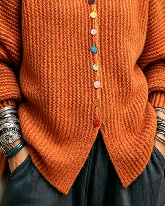 Pullover Farge Knapp Ruffle Kant Strikket