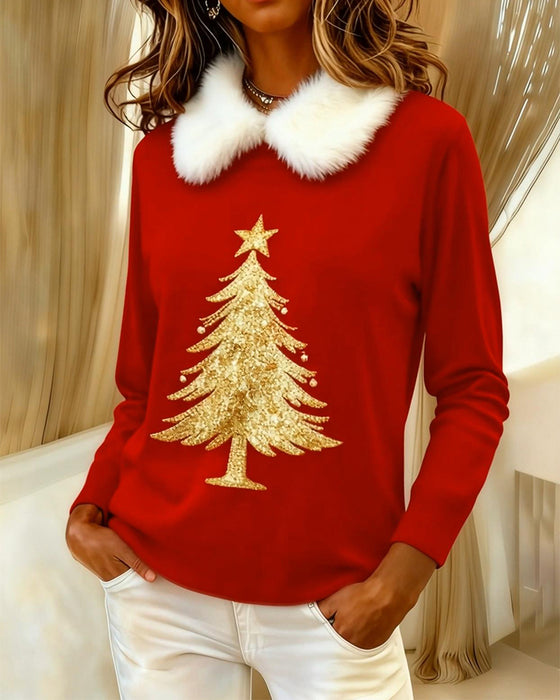 Trykket Langermet Topp Med Pelskrage