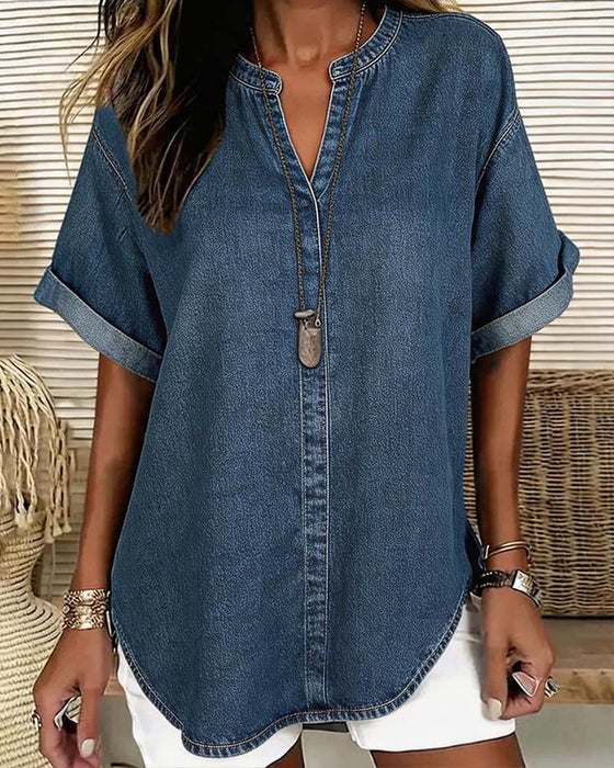 Bluser V-Hals Denim Kortermet