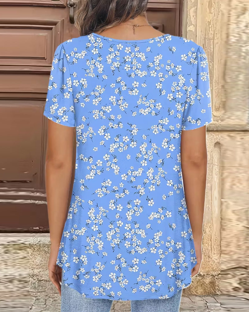 Bluse Småblomstret Trykk Rund Hals Kortermet