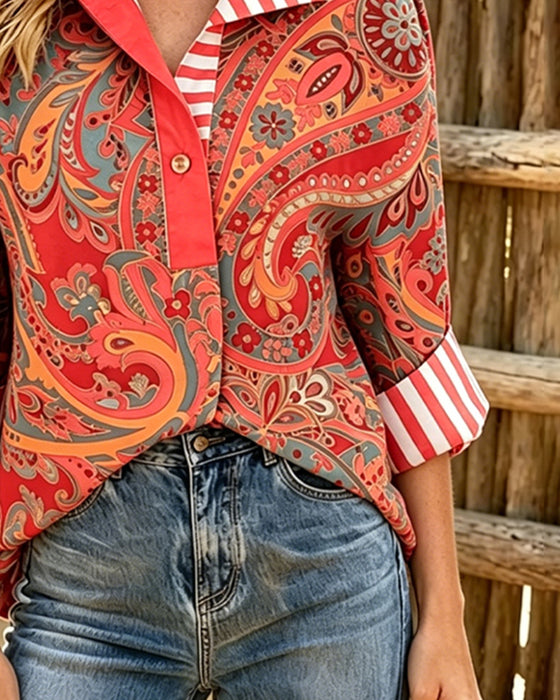 Bluse Patchwork Blomstrende Trykk Casual