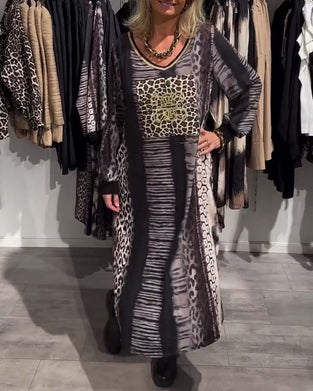 Kjole avslappet v-hals leopardprint