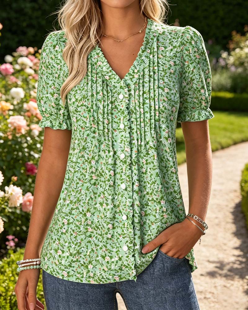 Bluse V-Hals Blomstret Trykk