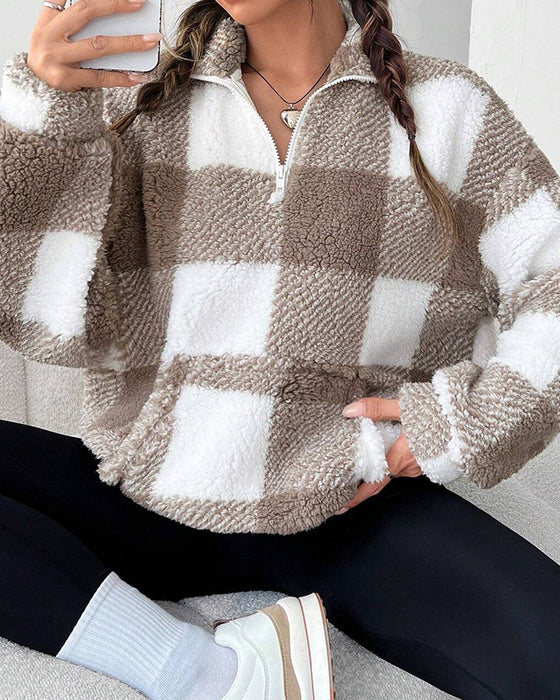 Sweatshirt Halv-Zip Ståkrage Rutemønster