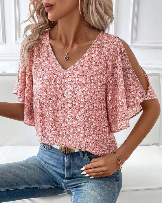 Bluse V-Hals Blomstrende Off-Shoulder Flutter Erme