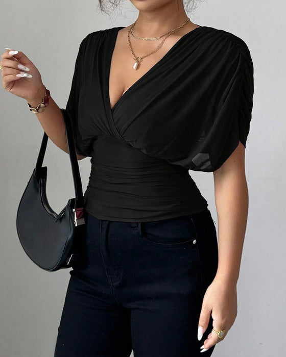 Bluse Solid Farge Dyp V-Hals Midje Kort Erme