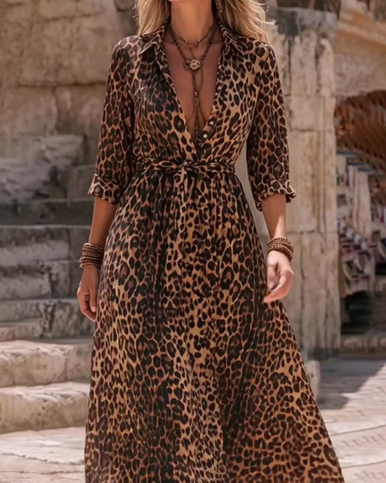 Kjole Leopard Trykk A-Kant Stropper Lang