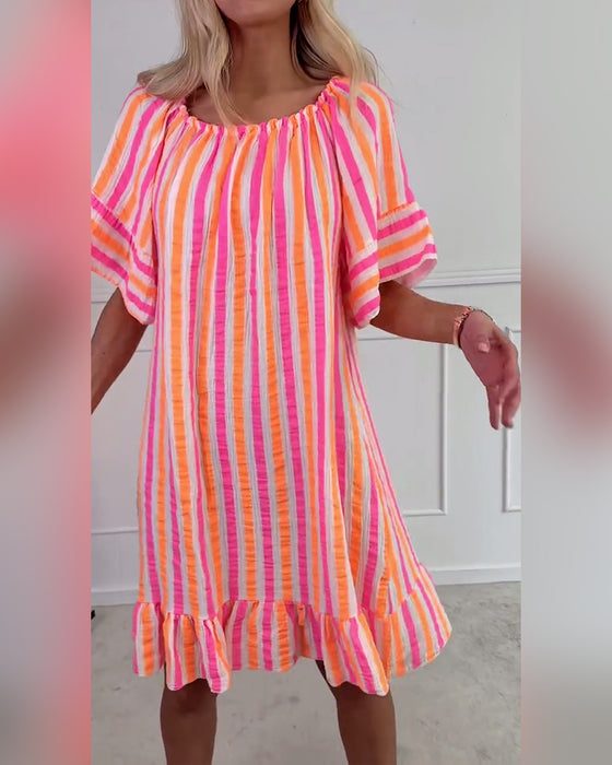 Kjole Rund Hals Stripete Plissért Skiftmodell