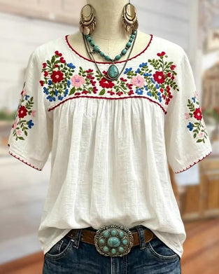 Bluse Rundhalset Brodert Bohemisk