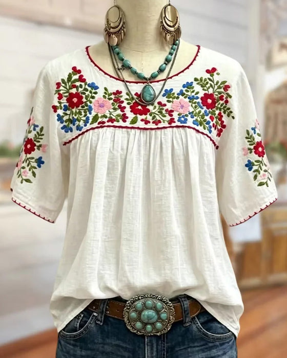 Bluse Rundhalset Brodert Bohemisk