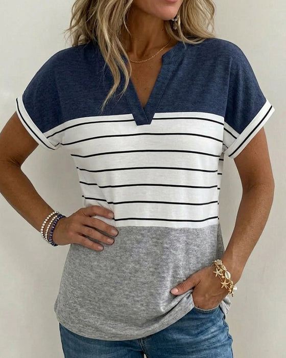 T-Shirt V-Hals Kontrast Stripe