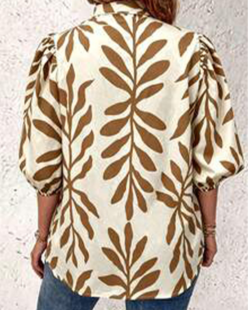 Bluse Stående Krage Blad Trykk