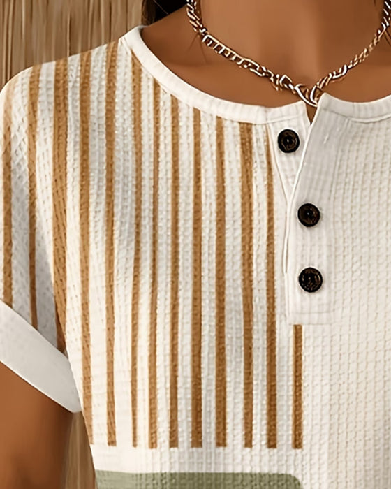 Bluse Med Rundhals, Knapper, Striper, Kontrastfarger