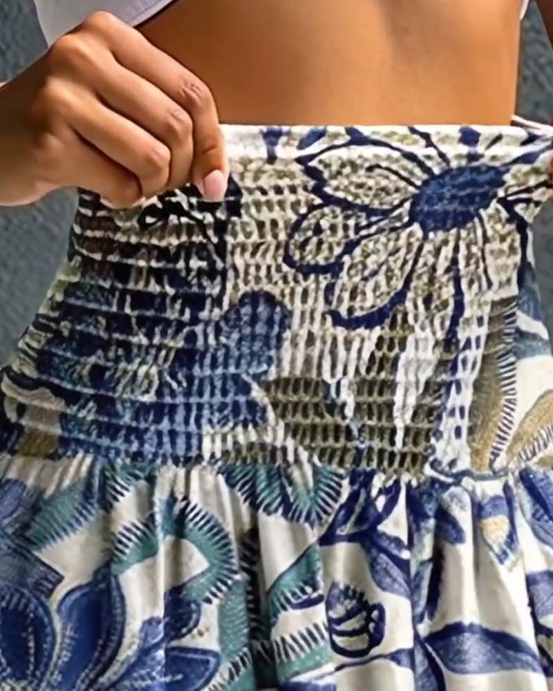 Bukse Høy Midje Blomstret Trykk Strikk I Midjen Bredt Ben