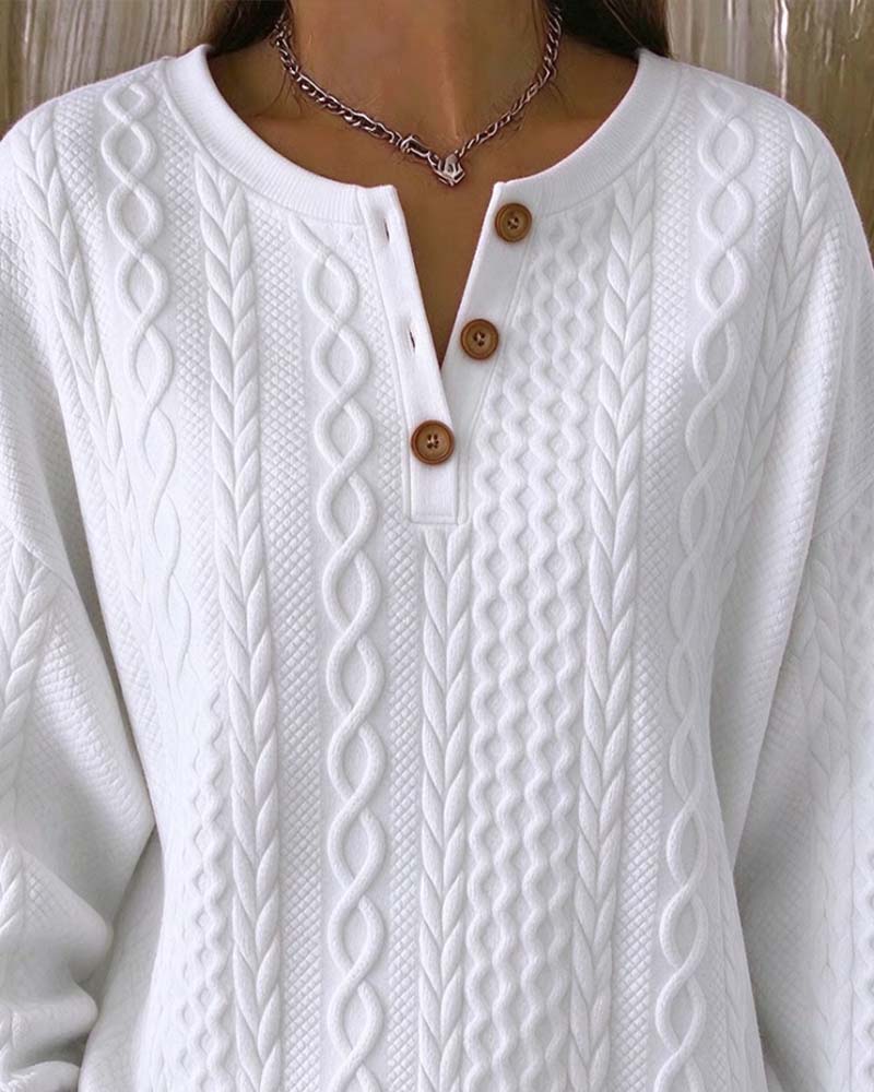 Sweatshirt V-Hals Knappet Flette Ensfarget