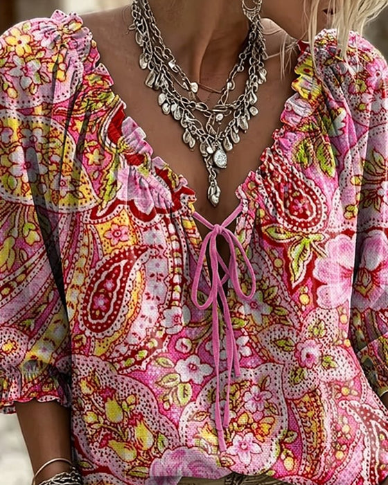 Bluse V-Hals Slips Trykk Boble Erme