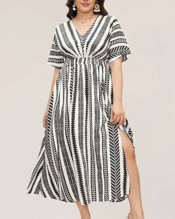 Kjole Dyp V Blå Hvit Geometrisk Stripe Midje