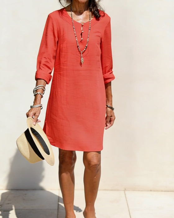 Kjole Halv Knappestolpe Sidesplitt Bomull Og Lin