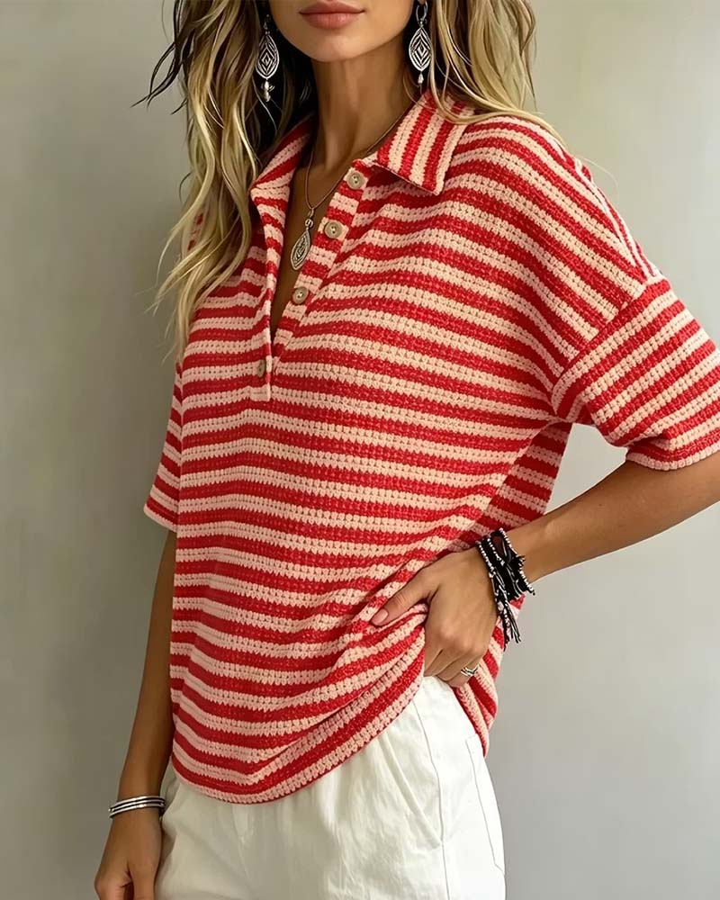 Bluse Polo Krave Stripet Knapp Foran