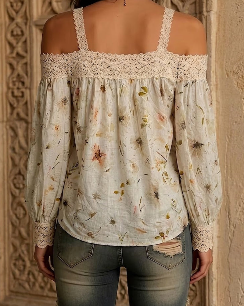 Bluse Blomstret Off-Skulder Blonde Stroppet Lang Erme