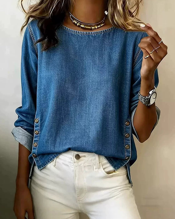 Bluse Rund Hals Sidesplit Knapp