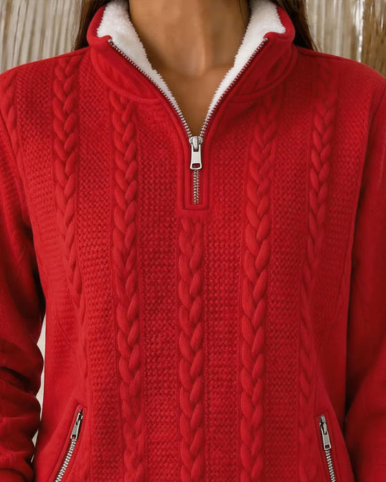 Sweatshirt Flettestrikk Fleeceforet Halv Glidelås