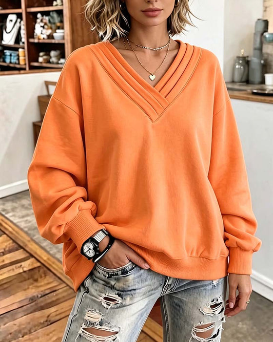 Sweatshirt Dobbel Lag V-Hals Drop Skulder Løs