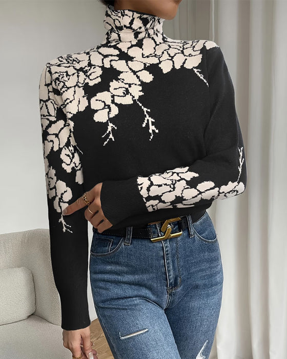 Pullover Høy Hals Blomstret Jacquard