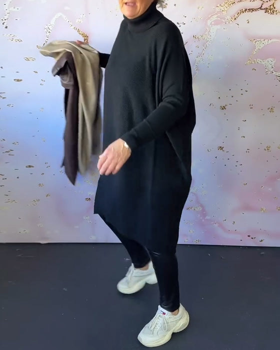 Uformell ensfarget langermet genser med høy krage