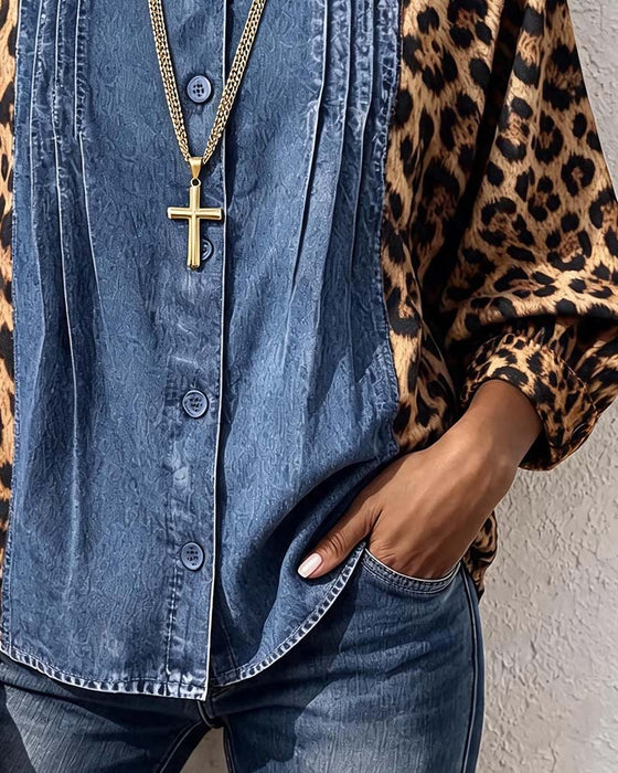 Bluse Rund Hals Knapp Leopard Denim Patchwork