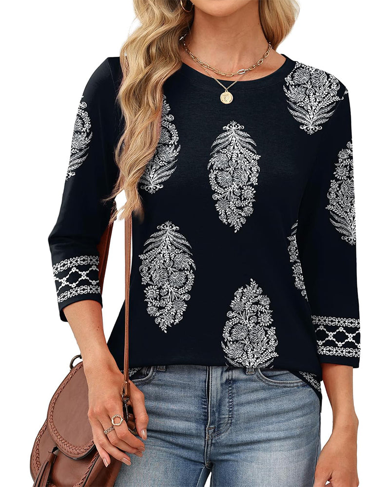 Topp Trykket Trekvart Erm Rund Hals