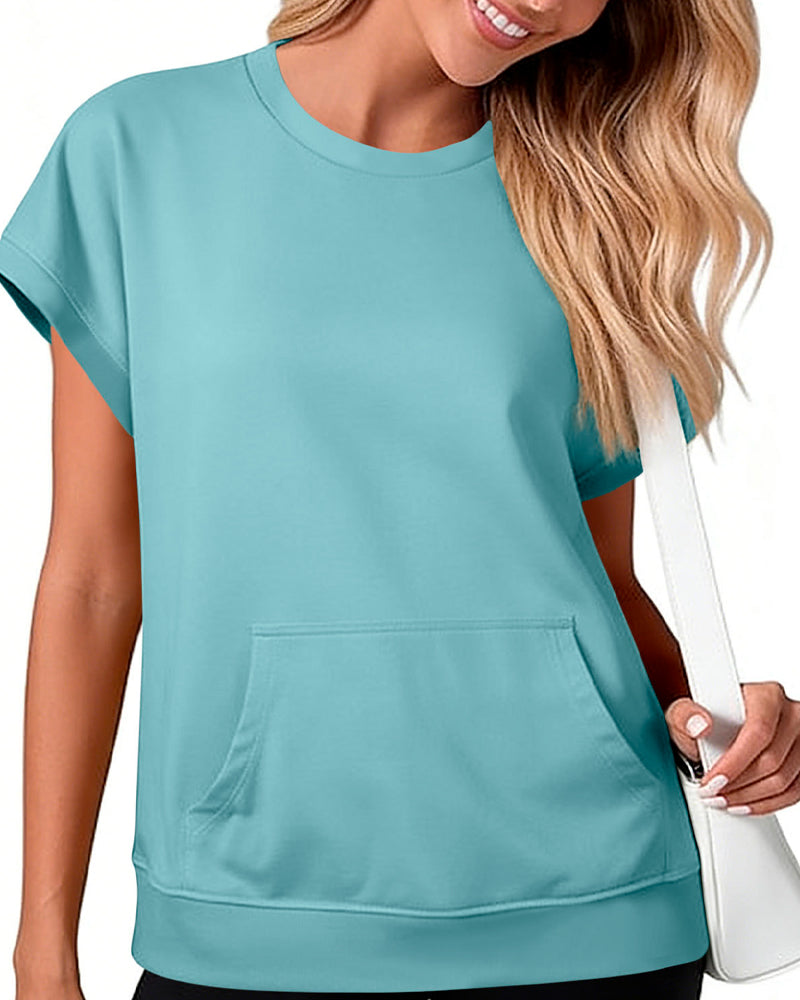 Bluse Forlomme Ensfarget Rund Hals