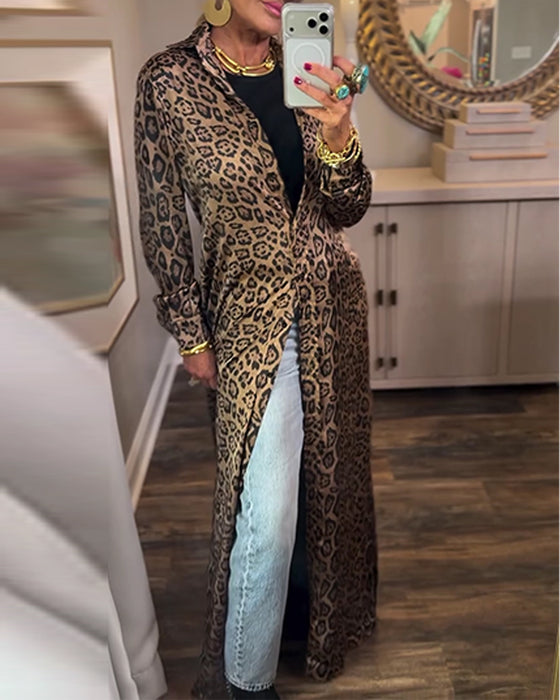 Kjole Leopard Trykk Splitt Lang Erme