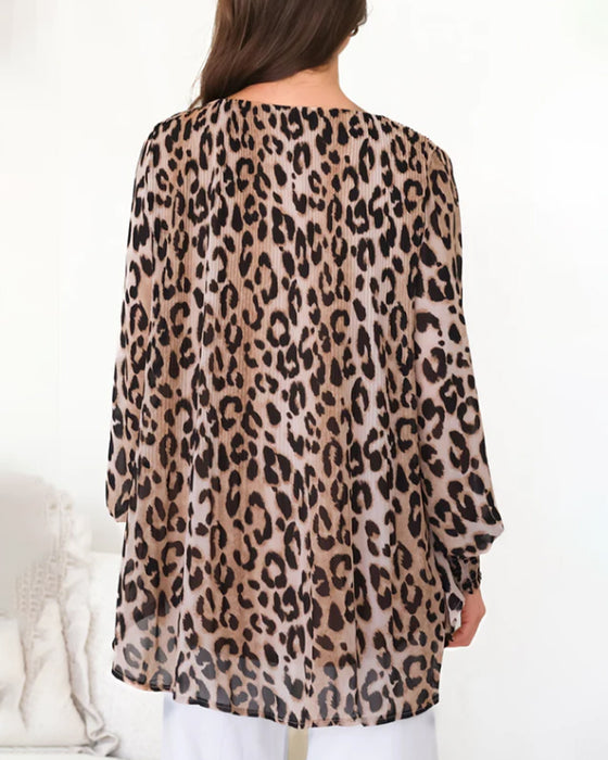 Bluse Rund Hals Leopard Uregelmessig Lanterne Erme